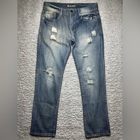 Buckle Black Jeans Mens 32 x 32 Low Rise Slim Straight Distressed Holes Street - Picture 1 of 5